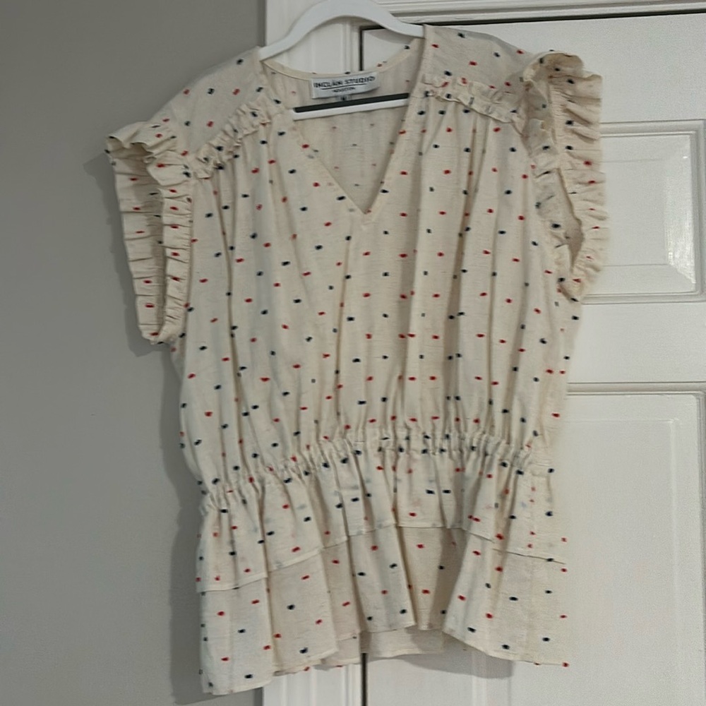 In clan studio cotton and linen peplum top. Medium. New with tags